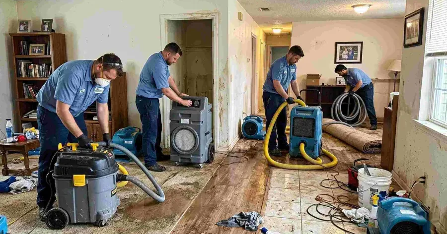 Restoration technicians working beside drying equipment inside a water-damaged room