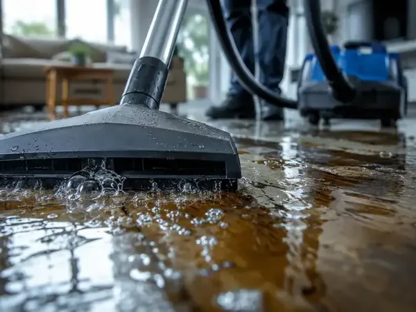 Extraction wand removing standing water from a wood floor