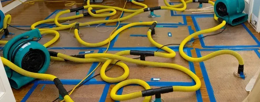 Air movers beside drying mats taped across a hardwood floor
