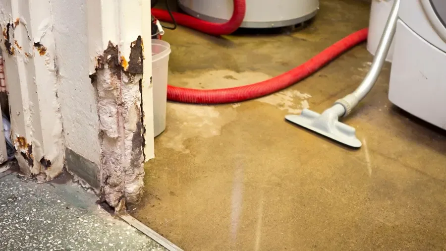 Extraction wand and red hose removing water beside damaged lower walls
