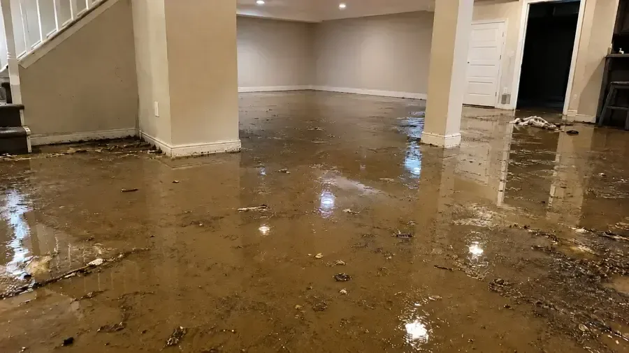 Muddy standing water and scattered debris across a finished lower room