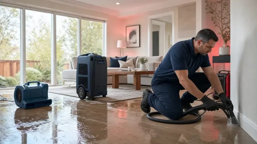 Technician extracting water beside an air mover and dehumidifier in a living room