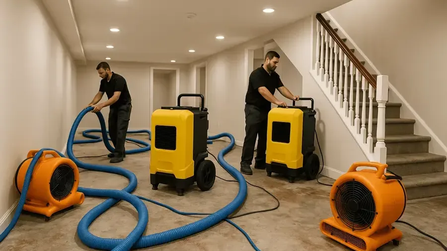 Two technicians with extraction hoses and yellow drying equipment near a staircase