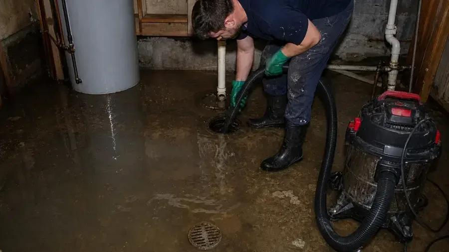 Technician recovering standing water with a hose beside a basement floor drain