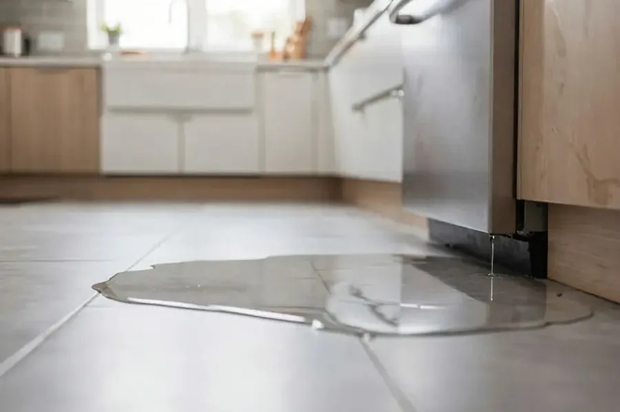 Water across kitchen tiles beside a leaking dishwasher