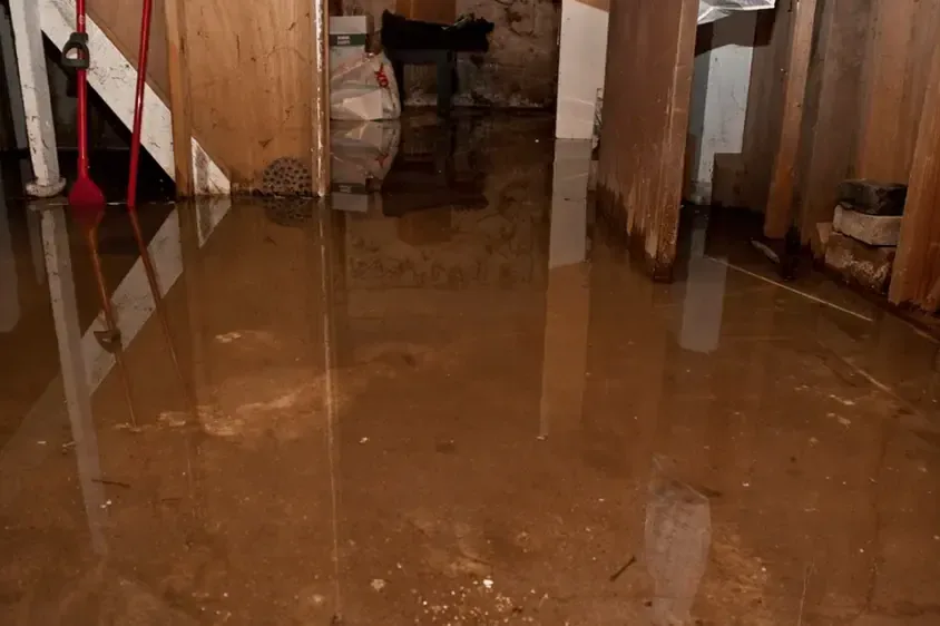 Muddy standing water covering the floor of a basement room