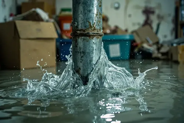 Water gushes around a damaged pipe onto a concrete floor