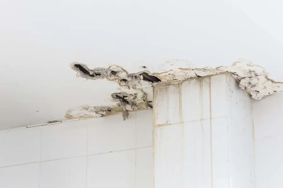 Cracked and water-stained drywall across an interior ceiling
