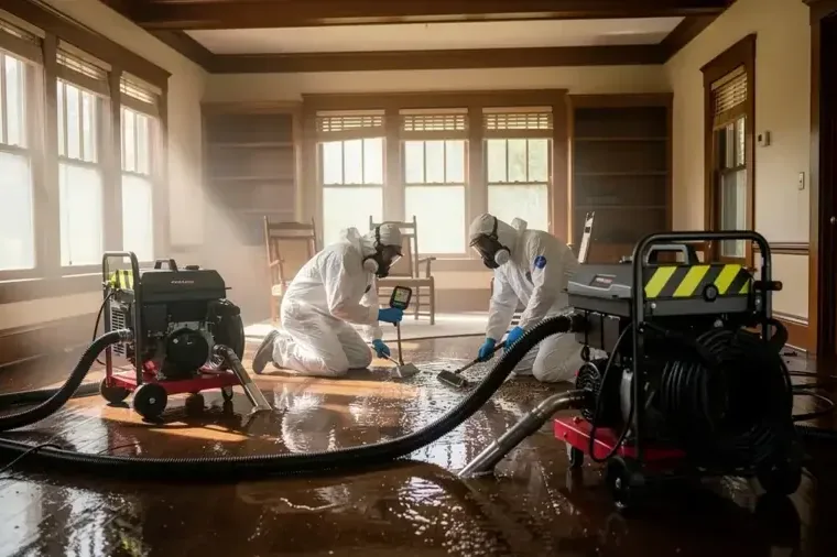 Cleanup workers in protective suits extracting contaminated water