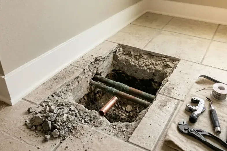 Tile flooring opened to reveal copper water pipes beneath a slab