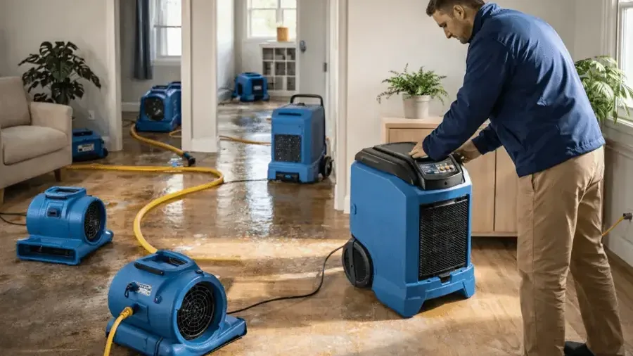 Technician positioning a dehumidifier among air movers inside a home