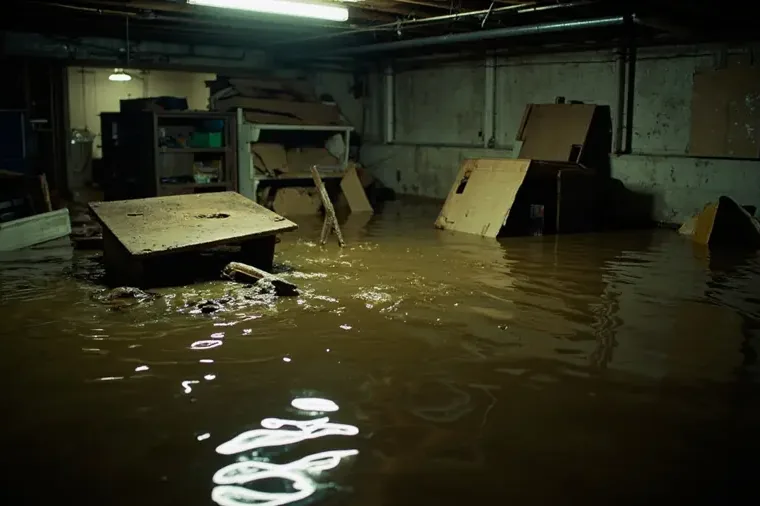 Standing water across a flooded basement floor