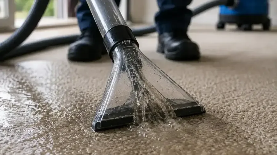 Extraction wand and hose recovering water from a soaked carpet