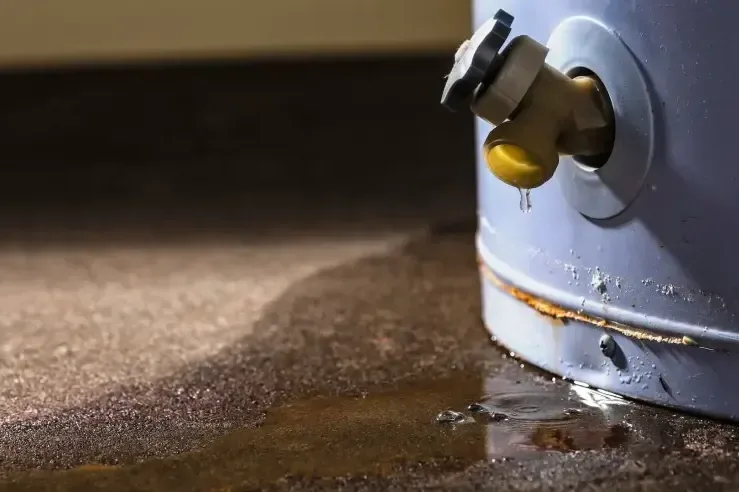 Water sprays from a leaking water heater fitting onto the floor